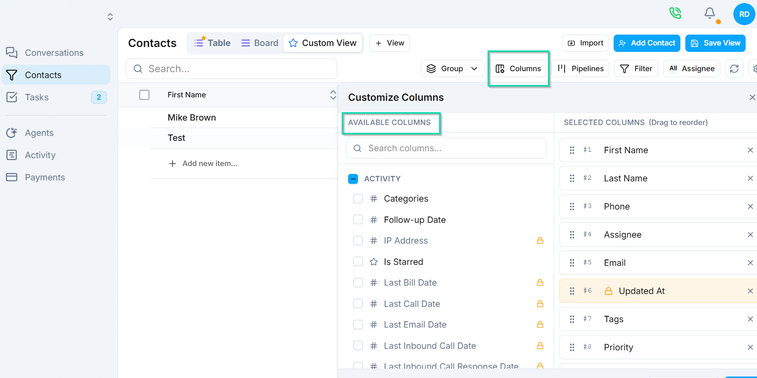 Choose which columns or fields to display